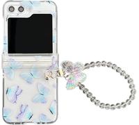 for Samsung Galaxy Z Flip 6 5g Case with Beads Strap, Cute Crystal Clear Bumper, Luxury Bling Glitter Bracelet Wristband Shockproof PC Case for Samsung Z Flip 6 2024 for Girls Women - Blue Butterfly