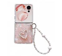 for Samsung Galaxy Z Flip 7 Case Cute Love Heart Girly Design,Flip7 Phone Case Bling Glitter Pearl Back Soft Silicone Bumper with Bead Phone Strap for Samsung Z Flip 7 Pink