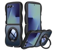 for Samsung Galaxy Z Flip7 Case with Invisible Magnetic Ring Stand Military Grade Shockproof Slim Case Wave Shape Equipped with a Mirror on The Black 021-ZFLIP7-01