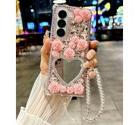 for Samsung Galaxy Z Fold 5 5G Mirror Makeup Case Luxury for Women Girls Teen Design Bling Diamond Glitter Sparkly Cute 3D Rose Flower Handmade Pretty Phone Cover with Crystal Wrist Strap,Pink