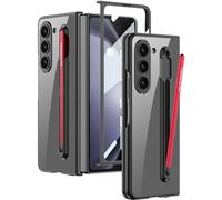 For Samsung Galaxy Z Fold 5 Transparent Case with Stand for S Pen and S Pen, Crystal Clear Plating Cover with Screen Protector Anti-Scratch Shockproof Luxury Cover(Black+Red Pen)