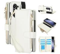 for Samsung Galaxy Z Fold 7 Leather Wallet Case with Removable Wrist Strap,RFID Blocking Shockproof Protective Phone Case with Card Slots and S-Pen Holder for Women Ladies(White)