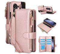 for Samsung Galaxy Z Fold 7 Leather Wallet Case with Removable Wrist Strap,RFID Blocking Shockproof Protective Phone Case with Card Slots and S-Pen Holder for Women Ladies(Rose Gold)