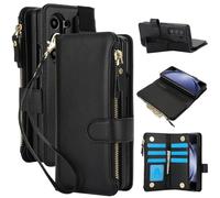 for Samsung Galaxy Z Fold 7 Leather Wallet Case with Removable Wrist Strap,RFID Blocking Shockproof Protective Phone Case with Card Slots and S-Pen Holder for Women Ladies(Black)