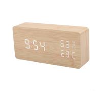 For Smart LED Wooden Clock with Voice Control | Digital Desk Clock Displaying Time Temperature Humidity Date | Adjustable Brightness | USB or Battery Powered for Home Office(C)