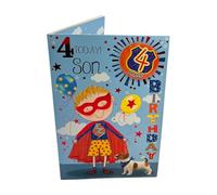 For Son Age 4 Superhero Theme Juvenile Birthday Card With Badge