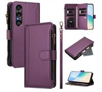 For Sony Xperia 1 VII 2025 Zip Case 9 Card Slots with Wrist Strap Shockproof Premium Leather Flip Wallet Handbag Zipper Phone Purse Stand Magnetic Closure Cover for Sony Xperia 1 VII 2025 Purple