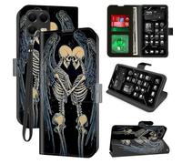 for T-Mobile Revvl 8 Pro Wallet Case with RFID Blocking, 4 Card Holders, Kickstand, Wrist Strap - Magnetic PU Leather Flip Phone Case Protective Cover for Women & Men，Two Skeleton Angels in Love