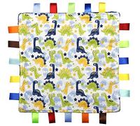 FOR THE LOVE OF LEISURE Blue Baby Tag, Taggy Blanket - Dinosaur Pattern Tag with Plain Blue Textured Underside