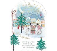 For The One I Love at Christmas - Dalmations Exchanging Gifts - Large Hand Finished Christmas Greeting Card (25.5x18cm) with Gold Emboss Finish - Die-Cut Raised Artwork and 2-Page Verse