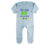 for This boy we Prayed (Miracle Baby Statement) Baby Romper Jumpsuit with feet, 6-12 Months, Pastel Blue
