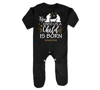 for Unto us a Child is Born Psalm Bible Verse Baby Romper Jumpsuit with feet, 0-3 Months, Black