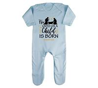 for Unto us a Child is Born Psalm Bible Verse Baby Romper Jumpsuit with feet, 3-6 Months, Pastel Blue