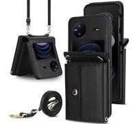 for vivo X Flip Wallet Case, Card Holder Phone Cover with RFID Blocking & Detachable Strap, Durable Leather & TPU,4 Card Slots,Drop Protection,Folio Flip Stand Case for Everyday Use(Black)