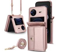 for vivo X Flip Wallet Case, Card Holder Phone Cover with RFID Blocking & Detachable Strap, Durable Leather & TPU,4 Card Slots,Drop Protection,Folio Flip Stand Case for Everyday Use(Rose Gold)