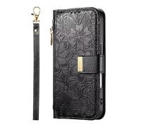 For Vivo Y03 4G/Y18 Case, Flip Shockproof Zipper Wallet Case PU Leather Embossed Floral with Stand Magnetic Credit Card Slots Folio Protective Phone Cover for Vivo Y03 4G/Y18 black