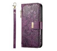 For Vivo Y19S Case, Flip Shockproof Zipper Wallet Case PU Leather Embossed Floral with Stand Magnetic Credit Card Slots Folio Protective Phone Cover for Vivo Y19S Purple