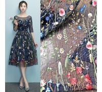 For Wedding and Bridal Floral Embroidery Lace Mesh Fabric, Designed for Dress and Gown Creation, Polyester Material with Elegant Flower Patterns (Navy)