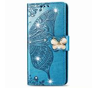 for Xiaomi Redmi Turbo 3 Case 3D Glitter Bling Sparkly Gems Butterfly Flip Case Stand PU Leather Wallet Phone Cases Card Slots Magnetic Silicone Bumper Shockproof Cover for Xiaomi Redmi Turbo 3 blue