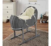 For Your Little One Pod Grey Wicker Moses Basket with Rocking Stand & Mattress - Cream Dimple