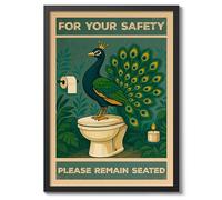 For Your Safety, Please Remain Seated Poster, Retro Animal Bathroom Print, Comedy Toilet Wall Art, A5 (Black Frame) - 24.1x17.9cm
