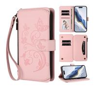 for ZTE Blade A76 5G Case PU Leather Embossed Buttrefly Flower Shockproof Zipper Flip Wallet Phone Case Magnetic Closure Viewing Stand Notebook Bumper Cover with Card Holder Pink