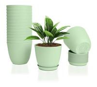 FORAGIFT 16 Pack 15cm Plastic Plant Pots for Indoor Flower Pots, Heavy Duty and Stylish Plant Pots for Indoor Plants with Drainage Holes and Tray for Plants, Flowers, Green