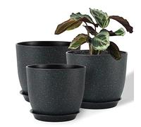 FORAGIFT 25/23/20cm Plant Pots Indoor, 3 Pack Modern Decorative Plastic Planters with Drainage Holes and Tray for House Plants, Black with Green Speckles