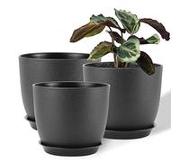 FORAGIFT 25/23/20cm Plant Pots Indoor, 3 Pack Modern Decorative Plastic Planters with Drainage Holes and Tray for House Plants, Black