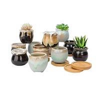 FORAGIFT 6.5CM Ceramic Succulent Plant Pot, Cactus Pots for Indoor Outdoor Plants, Small Flower Pot Flowing Glaze with Drainage and Bamboo Tray, Great for Home Decor, Set of 12 (Plants Not Included)