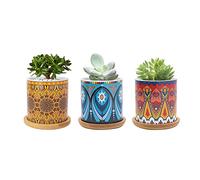 FORAGIFT 7.5CM Succulent Plant Pot, Ceramic Mandala Pattern Cactus Plants Pot, Small Plant Pots for Indoor Outdoor Plants with Bamboo Tray, and Great for Home Office Decor, Set of 3