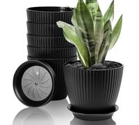 FORAGIFT Indoor Plant Pots with Saucers, Set of 6, 10 cm, Black | Plastic planters with stripe grooves and mesh drainage holes for small and medium house plants indoors or outdoors