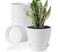 FORAGIFT Indoor Plant Pots with Saucers, Set of 6, 10 cm, White | Plastic planters with stripe grooves and mesh drainage holes for small and medium house plants indoors or outdoors