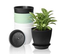 FORAGIFT Indoor Plant Pots with Saucers, Set of 6, 12.5 cm, Multicolour | Plastic planters with stripe grooves and mesh drainage holes for small and medium house plants indoors or outdoors