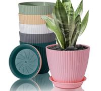 FORAGIFT Indoor Plant Pots with Saucers, Set of 6, 19 cm, Colourful | Plastic planters with stripe grooves and mesh drainage holes for small and medium house plants indoors or outdoors