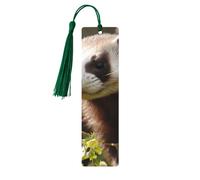 Foraging Ferret Wooden Bookmarks 5 Pcs,Handmade Double-Sided Printed Book Marks Page Markers with Dark Green Tassels Book Accessories Gift for Book Lovers Women Men