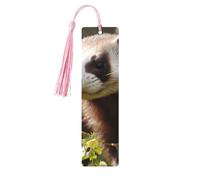 Foraging Ferret Wooden Bookmarks 5 Pcs,Handmade Double-Sided Printed Book Marks Page Markers with Pink Tassels Book Accessories Gift for Book Lovers Women Men
