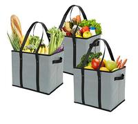 Foraineam 3-Pack Extra Large Reusable Grocery Bags, 14 x 11 x 12 Inch Gray Durable Heavy Duty Grocery Totes Bag Storage Box Bins Collapsible Grocery Shopping Box Bags with Reinforced Bottom