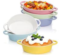 Foraineam 6 Pack Oval Au Gratin Baking Dishes with Handles, 20 oz Porcelain Casserole Dish Single Serving Ramekins for Oven & Microwave Cooking and Baking, 7.2" x 5.5", Oven Safe Roasting Lasagna Pan