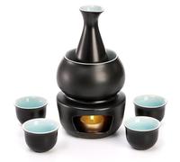 Foraineam Ceramic Sake Set with Warmer, Japanese Style Porcelain Hot Saki Drink Warmer Set, 7 Pieces Gift Set Including 1 Stove, 1 Warming Bowl, 1 Sake Bottle, 4 Sake Cups