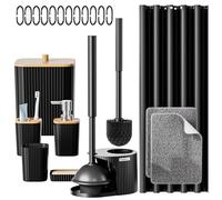 FORASTO Bathroom Accessories Set-21PC Bathroom Sets with Shower Curtain and Rugs, 2 in 1 Toilet Brush and Plunger Set, Trash Can, Soap Dispenser, Stylish & Functional Bath Decor for Home, Black