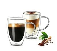 Foravgei 350ml Double Walled Glass, Espresso Coffee Cup with Handles, Cappuccino Mugs Insulated Tumblers,Clear Insulated Glasses for Tea Hot & Cold Drinks, Water -Set of 2