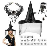 Forbabe 13 Halloween Witch Costume Women, Witch Accessories with 1 Black Witch Hat, 1 Gothic Tassel Necklace, 1 Lace Bracelets and 10 Face Tattoos, Steampunk Vampire Costume for Carnival Masquerade