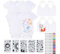Forbabe 27 Pcs Baby Shower Painting Bodysuits, 4 Cotton Painting Baby Bodysuits, 4 Baby Bibs for Painting, 14 Colored Textile Pencils, 5 Baby Paint Stencils