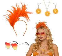 Forbabe Carnival Costume Women's Accessories, 4-Piece Orange Costume Accessories - Orange Feather Headband Heart Sunglasses Funny Earrings Necklace Fancy Dress Costumes for Cosplay Party Summer