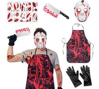 Forbabe Serial Killer Costume, Halloween Costume Men's Halloween Costume Adult Horror Bloody Killer with Knife with Blood, Horror Mask, Gloves, Bloody Apron, 10 Halloween Tattoos