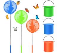 Forbabe Set of 3 Landing Net and 3 Foldable Bucket, Telescopic Beetle, Butterfly Nets Set of Insects, Fishing, Outdoor (Blue + Orange + Green)