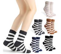 ForBaysy Fuzzy Socks Cozy Fluffy Plush Slipper Socks Microfiber Soft Home Sleeping Socks Winter Warm Christmas Socks For Women, Striped-5packs, One Size