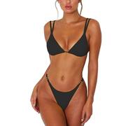 ForBeautyShe Women's Sexy Thong Bottom Two Piece Bikini Double Shoulder Straps Cute Swimsuit Triangle Bathing, Ad-Black, Medium