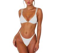 ForBeautyShe Women's Sexy Thong Bottom Two Piece Bikini Double Shoulder Straps Cute Swimsuit Triangle Bathing Suit, Ad-white, S